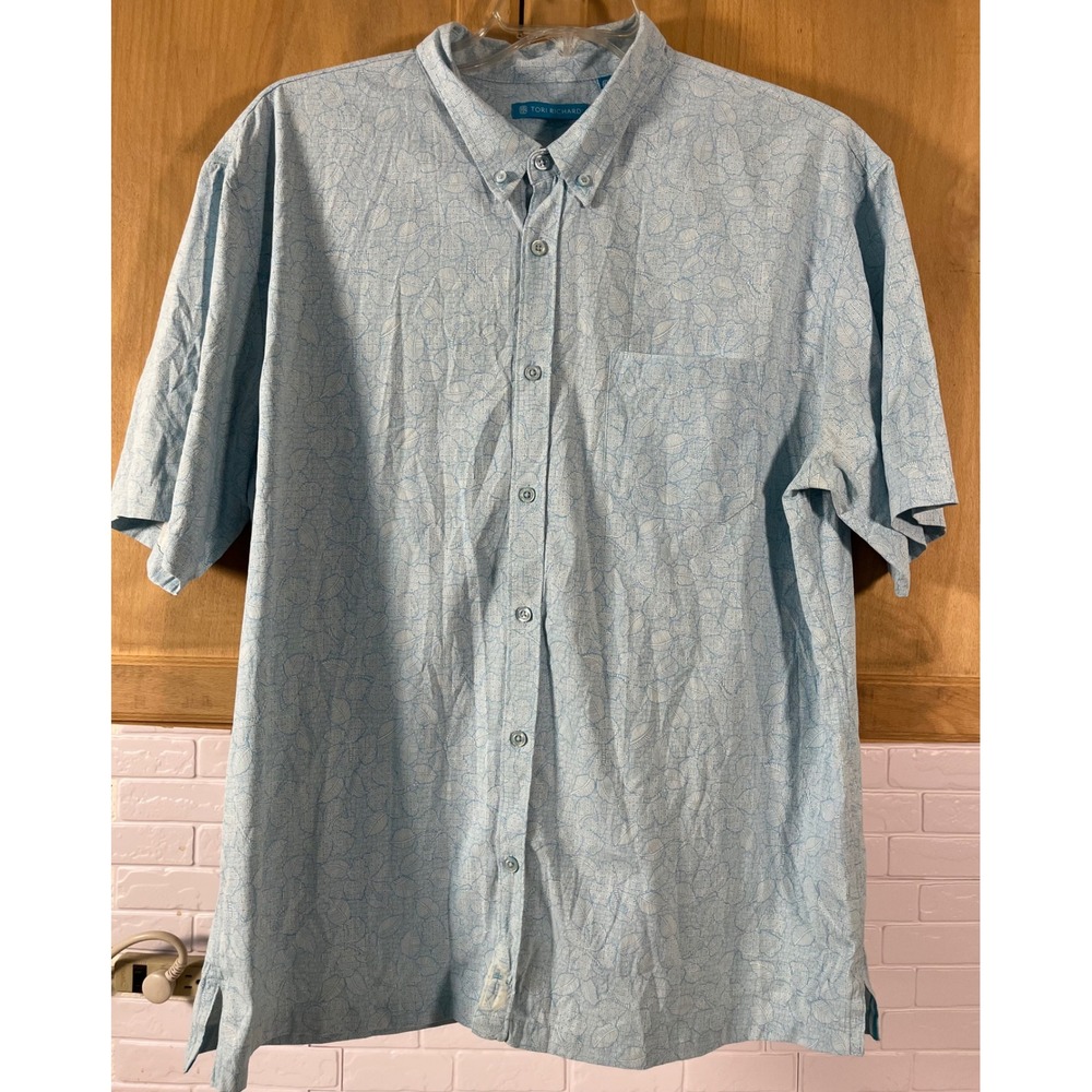Tori‎ Richard Button Down Shirt Mens XL Blue Geometric Leaf Print Short Sleeve